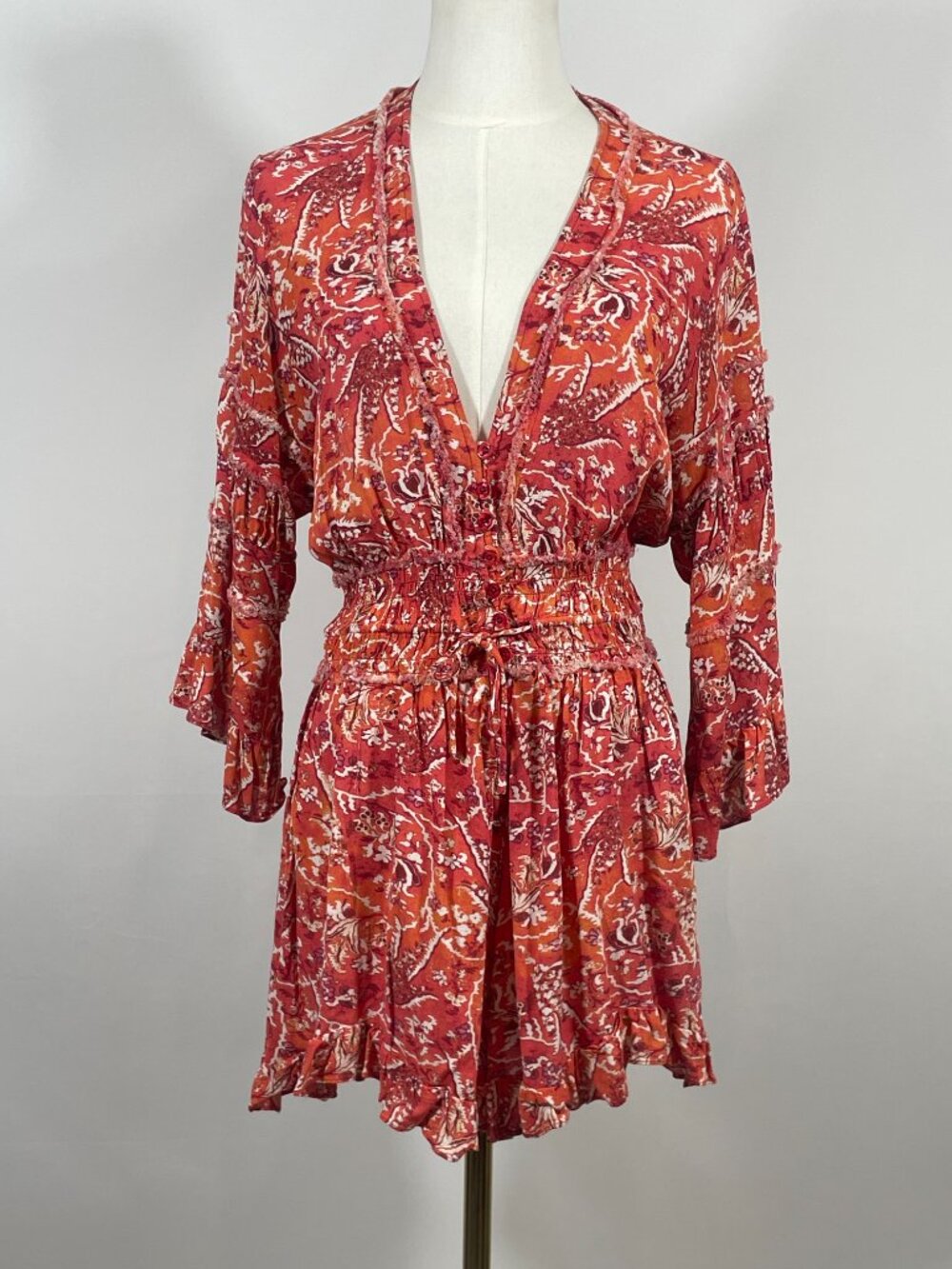 IRO Rhodey Orange Paisley Floral Frayed Ruffle Crepe Romper Playsuit Size 38/US6